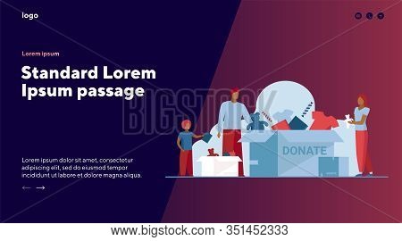 Family Packing Donation Box. Clothes And Toys For Needy People Flat Vector Illustration. Volunteerin