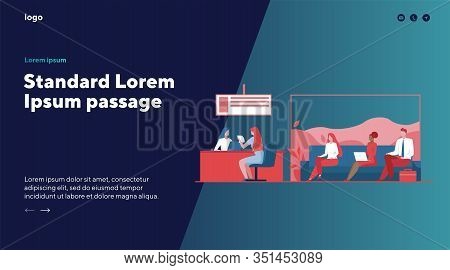 Bank Worker Providing Service To Customers. People In Bank Office Sitting In Line Flat Vector Illust