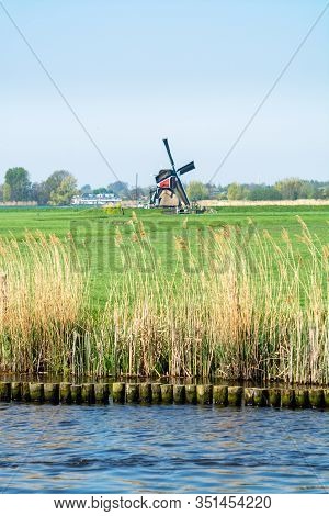 Waterways Of North Holland And View On Traditional Dutch Wind Mill And Cows On Green Pasture, Dutch 