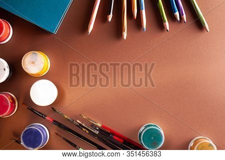 School Supplies On Brown Wooden Table, Odjects