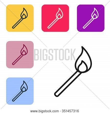 Black Line Burning Match With Fire Icon Isolated On White Background. Match With Fire. Matches Sign.