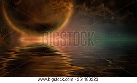 Exo-Solar Planet reflected in water. Digital Painting. 3D rendering