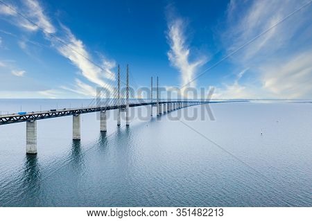Aerial View Of The Bridge Between Denmark And Sweden, Oresundsbron During Bright Sunny Day.