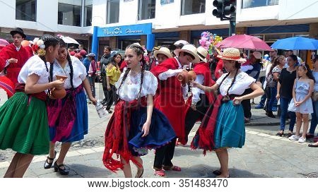 Cuenca, Ecuador - April 11, 2019: Folk Dancers In Costumes Typical For Azuay Province As Cholas Cuen