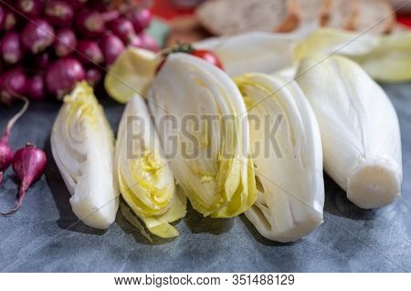 Fresh Belgian Endive Or Chicory Bitter Salad Ready To Cook Or Eat