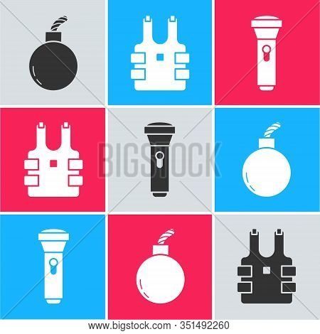 Set Bomb Ready To Explode , Bulletproof Vest For Protection From Bullets And Flashlight Icon. Vector