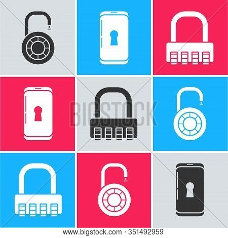 Set Safe Combination Lock Wheel , Smartphone With Lock And Safe Combination Lock Icon. Vector