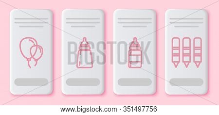 Set Line Balloons With Ribbon, Baby Bottle, Baby Bottle And Wax Crayons For Drawing. White Rectangle