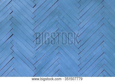 Blue Wooden Wall Planked In Herring Bone Pattern, Soft Textured Background
