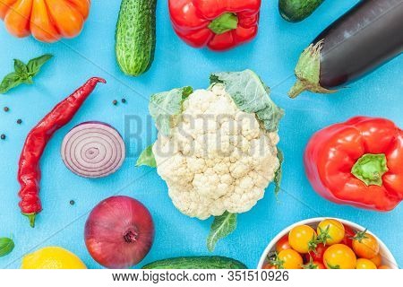 Healthy Food. Assortment Vegetables On Black Lilak Background. Top View. Copy Space. Composition Wit