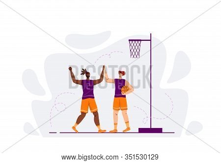 Two Basketball Players With Ball Playing Game, Good Teamwork And Happiness, Illustration With Muscul