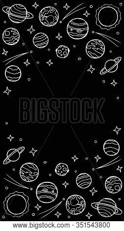 Cosmos Template For Stories, Empty Space For Text. Hand-drawn Doodle Stars And Planets Of The Solar 