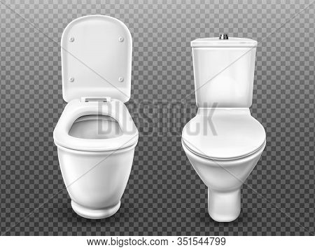 Toilet Bowl For Bathroom, Restroom, Modern Wc. Vector Realistic White Ceramic Lavatory With Flush Ta