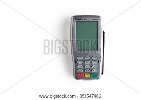 Moscow, Russia - January 5, 2020, Ergonomic Pin Pad For Connecting To The Online Checkout Verifone V