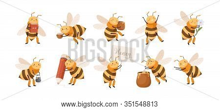Set Of Smiling Cute Cartoon Bee Character Isolated On White Background. Collection Of Funny Insect H