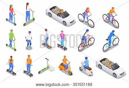 Human Characters Riding And Driving Personal Transport Colored Isometric Icons Set Isolated On White