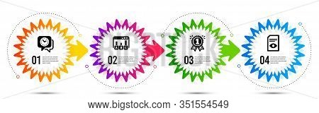 Reward, View Document And Clock Icons Simple Set. Timeline Steps Infographic. Survey Results Sign. F