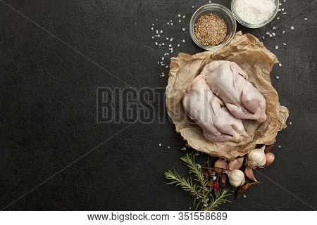 Raw Partridge Meat On Kitchen, Cooking Gourmet Wild Bird. Healthy Diet Recipe.
