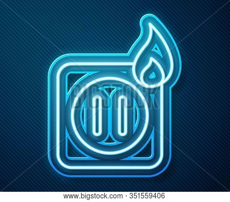 Glowing Neon Line Electric Wiring Of Socket In Fire Icon Isolated On Blue Background. Electrical Saf
