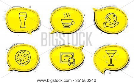 Walnut Sign. Diploma Certificate, Save Planet Chat Bubbles. Doppio, Cocktail And Beer Glass Line Ico