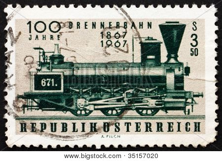 Postimerkki Itävalta 1967 ensimmäinen veturi käyttää Brennerin solan