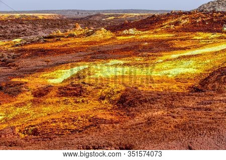 Colorful Incredible Abstract Apocalyptic Landscape Like Moonscape Of Dallol Lake In Crater Of Dallol