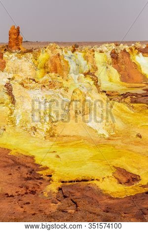 Colorful Incredible Abstract Apocalyptic Landscape Like Moonscape Of Dallol Lake In Crater Of Dallol