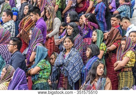 Santiago Atitlan, Guatemala -  April 18, 2019: Crowds Outside Church During Holy Thursday Celebratio