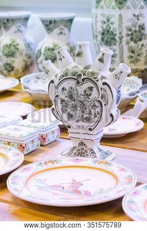 Delft, Netherlands - April 8, 2016: Pottery Workpieces With Hand Painting Of Delftware In Pottery Fa
