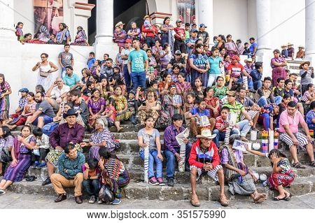 Santiago Atitlan, Guatemala -  April 19, 2019: Crowds Outside Church During Good Friday Celebrations