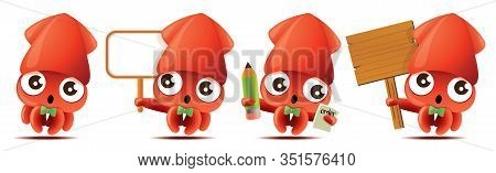 Cartoon Cute Squid With Bowtie Mascot Set, Cute Squid Holding Big White/wooden Signboards, Taking Or