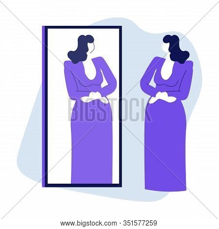Woman Looking At Mirror Reflection And Trying On Evening Dress