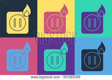 Pop Art Electric Wiring Of Socket In Fire Icon Isolated On Color Background. Electrical Safety Conce