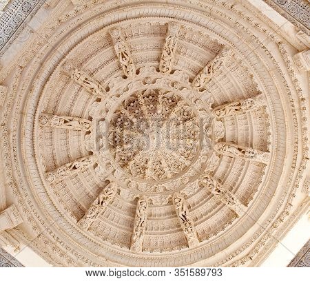 Ranakpur, India - January 8, 2019: Ceiling Decoration With Dancing Apsaras And Surasundaris In Famou