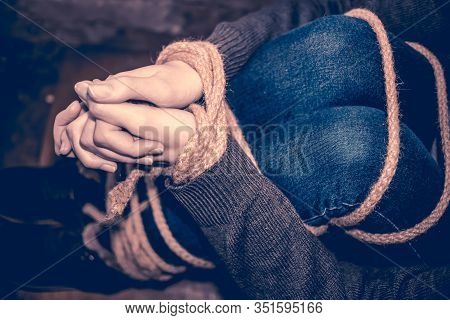 Bound Feet And Hands Of The Girl. Concept Of Kidnapping, Violence