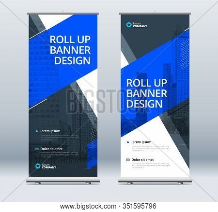 Blue Business Roll Up Banner. Abstract Roll Up Background For Presentation. Vertical Roll Up, X-stan