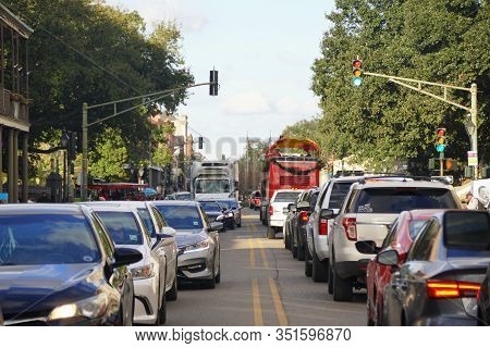 New Orleans, Louisiana, U.s.a - February 4, 2020 - The View Of The Traffic Near Decatur Street By Th