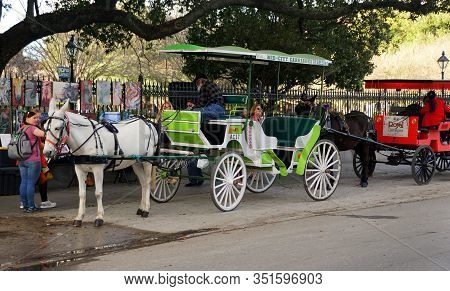 New Orleans, Louisiana, U.s.a - February 7, 2020 - Horse Carriage Waiting For Passengers On Decatur 