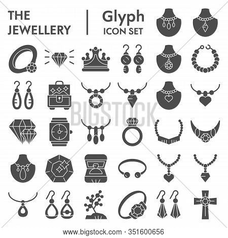 Jewellery Glyph Icon Set, Accessories Symbols Collection, Vector Sketches, Logo Illustrations, Bijou