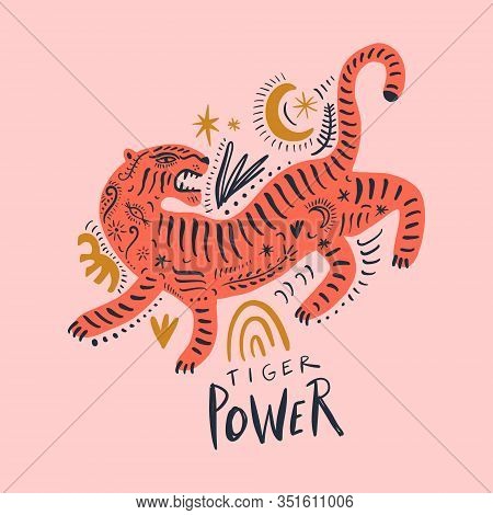Vector Cute Childish Animal, Baby Illustration, Bengal Tiger Comic Cartoon Style Art, Stripes Patter