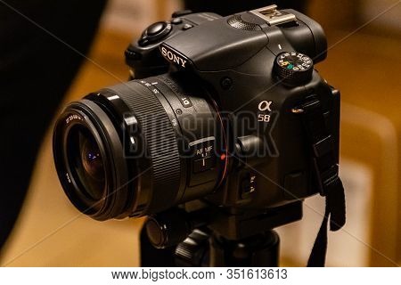 Sony Alpha A58 Camera With 18-55 Mm Sony Lens Fixed On A Tripod Ready To Shoot