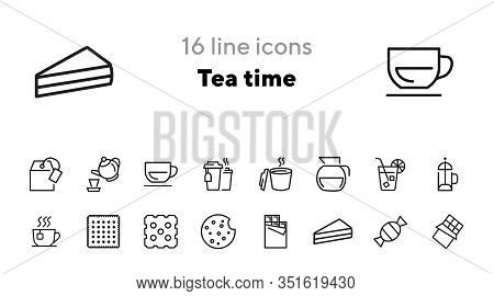 Tea Time Icons. Set Of Line Icons. Cheesecake Slice, Bar Of Chocolate, French Press. Tea Break Conce