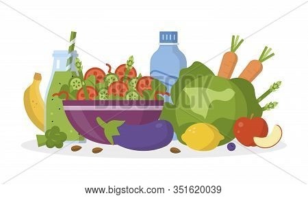 Alkaline Diet Concept. Alkaline Food On The Table. Flat Design. Vector Illustration