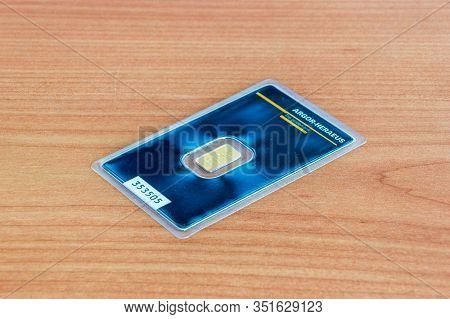Pruszcz Gdanski, Poland - February 16, 2020: 1 Gram Of Weight Fineness Gold Certified Assayer. Argor