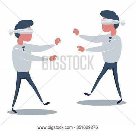 Young Blindfolded Businessmen Trying To Find The Right Direction. Business Concept. Stock Flat Vecto