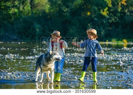 Little Children With Dog In Sunny Summer Park Near Water. Summer At Countryside. Summer Leisure