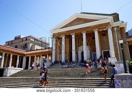 Cape Town, South Africa - 19 February 2020 : Students Sit On The Iconic Steps Of University Of Cape 