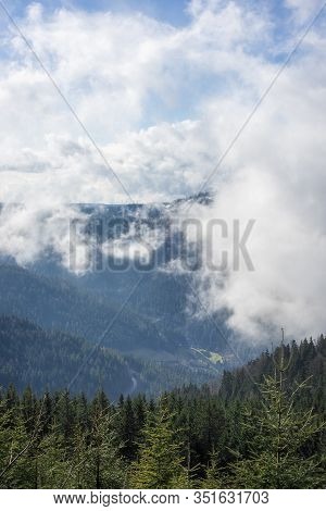 Alpine Landscape With Green Fir Forest On The Black Forest Mountains Covered By White Clouds, In Ger