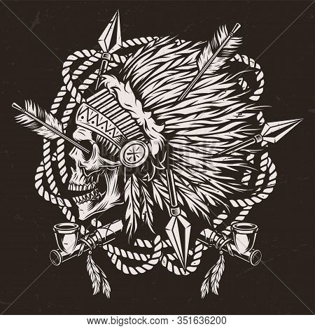 Authentic Wild West Monochrome Concept With Smoking Pipes And American Indian Chief Skull In Feather