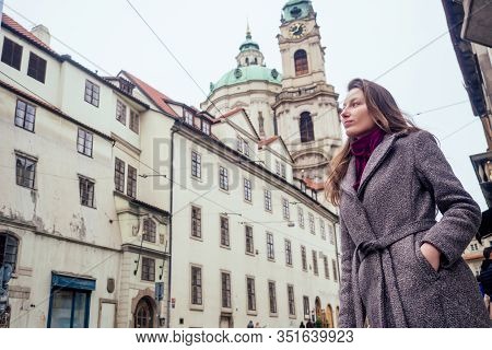 Outdoor Portrait Of Young Beautiful Fashionable Woman Wearing Trendy Jacket With Small Shoulder Bag,